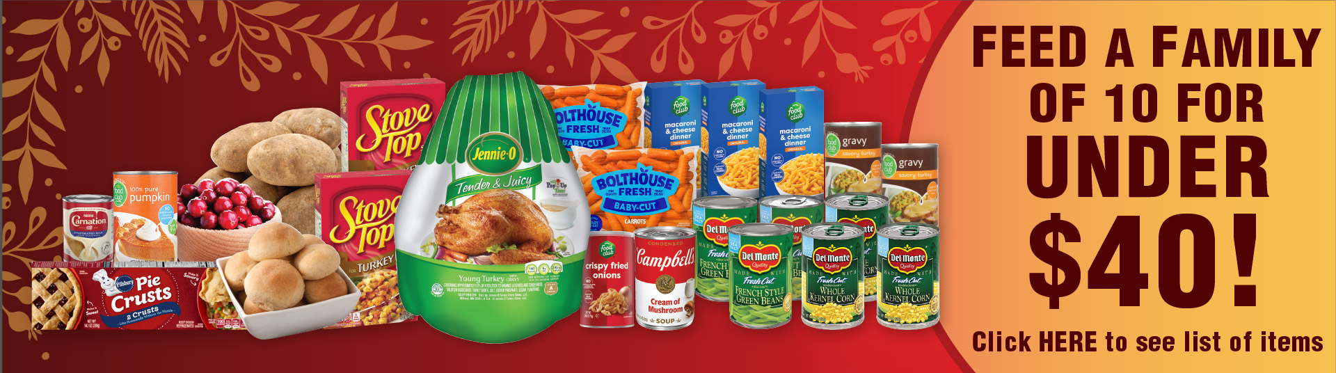Feed a family of 10 for under $40! Click here for list of items