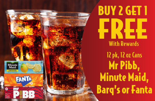 Buy 2 Get 1 FREE with rewards 12 pk, 12 oz Cans Mr Pibb, Minute Maid, Barq's or Fanta