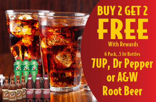 Buy 2 Get 2 FREE with rewards. 6 Pack, .5 ltr Bottles 7UP, Dr Pepper or A&W Root Beer