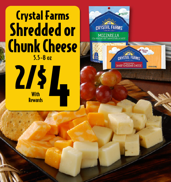 Crystal Farms Shredded or chunk cheese 5.58 oz 2/$4 with rewards