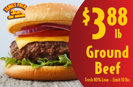 Ground Beef Fresh 80% Lean 3.88 lb Limit 10 lbs. Family Pack 3 lb or more.