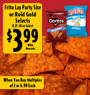 Frito Lay Party Size or Rold Gold Selects 8.25-18 oz Select 3.99 with rewards when you buy multiples of 2.