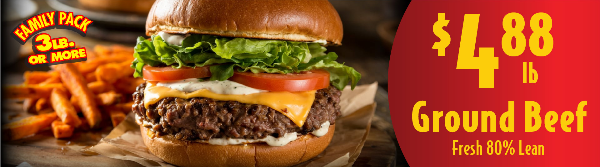 Ground Beef Fresh 80% Lean 4.88 lb Family Pack 3 lb or more.