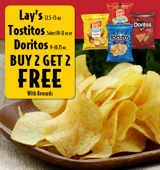 Lay's 12.5-13 oz Tostitos Select 10-12 oz or Doritos 9-10.75 oz Buy 2 Get 2 FREE with rewards