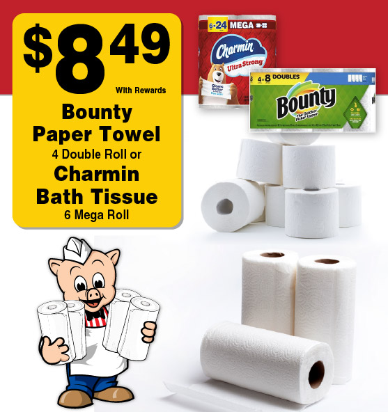 8.49 with rewards. Bounty Paper Towel 4 Double Roll or Charmin Bath Tissue 6 Mega Roll