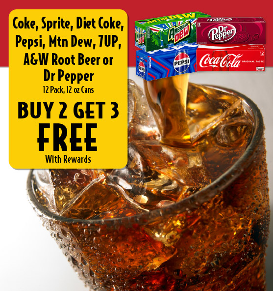 Coke, Sprite, Diet Coke, Pepsi, Mtn Dew, 7UP, A&W Root Beer or Dr Pepper 12 Pack, 12 oz Cans Buy 2 Get 3 FREE with rewards