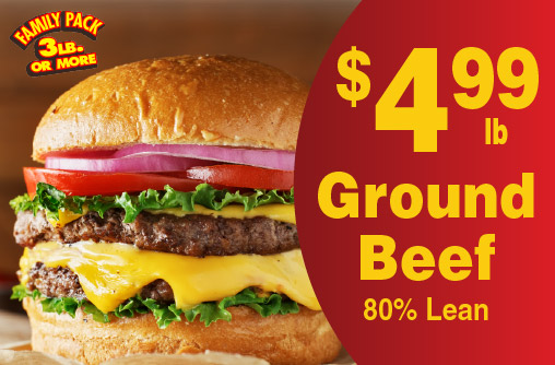 Ground Beef Fresh 80% Lean 4.99 lb. Family Pack 3 lb or more.