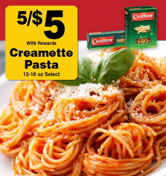 Creamette Pasta 12-16 oz Select 5/$5 with rewards.