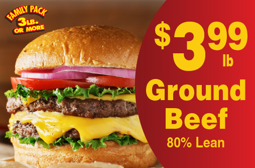 Ground Beef Fresh 80% Lean 3.99 lb Family Pack 3 lb or more.