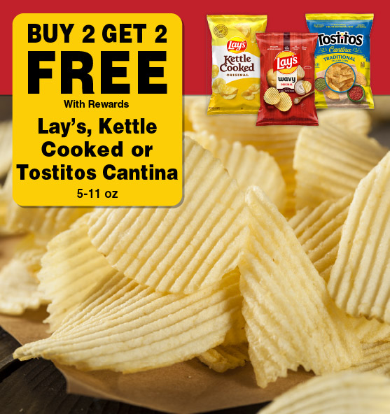 Buy 2 Get 2 FREE with rewards Lay's Kettle Cooked or Tostitos Cantina 5-11 oz.