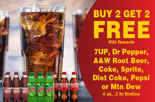 7UP, Dr Pepper, A&W Root Beer, Coke, Sprite, Diet Coke, Pepsi or Mtn Dew 6 pk, .5 ltr Bottles Buy 2 Get 2 FREE with rewards.