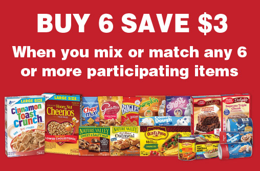 Buy 6, Save $3 when you mix or match any 6 or more participating items.