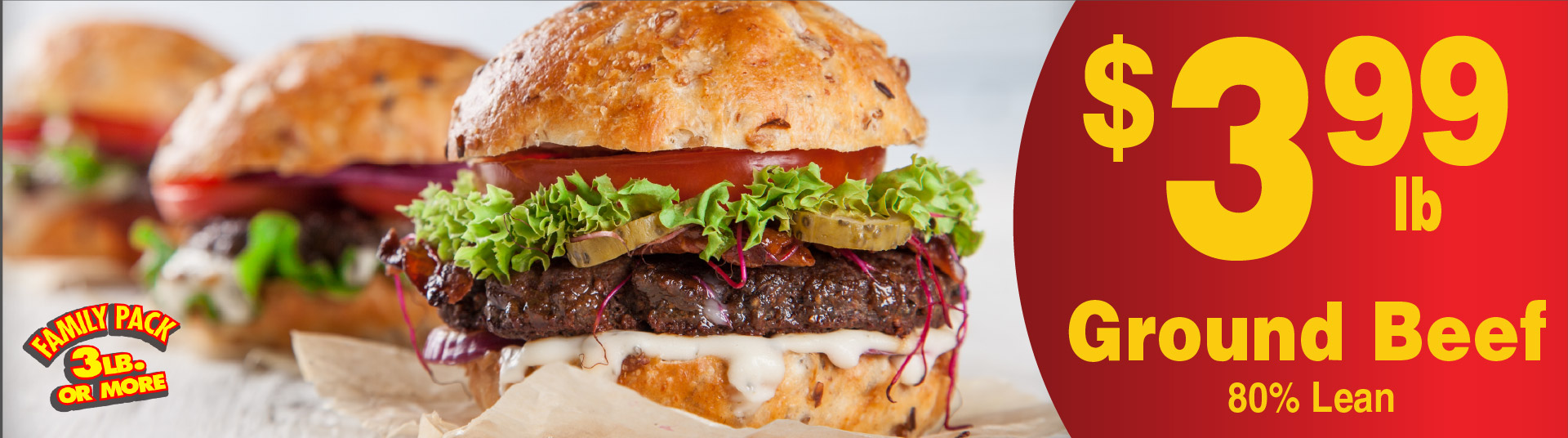 Ground Beef 80% Lean 3.99 lb. Family Pack 3 lb or more