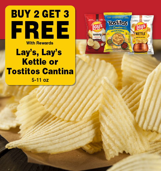 Buy 2 Get 3 FREE Lay's, Lay's Kettle or Tostitos Cantina 5-11 oz.