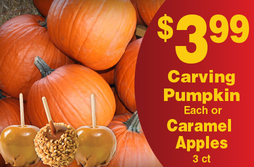 Carving Pumpkin Each or Caramel Apples 3 ct 3.99
