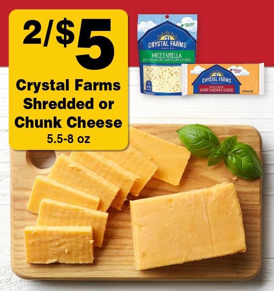 Crystal Farms Shredded or Chunk Cheese 5.5-8 oz 2/$5.