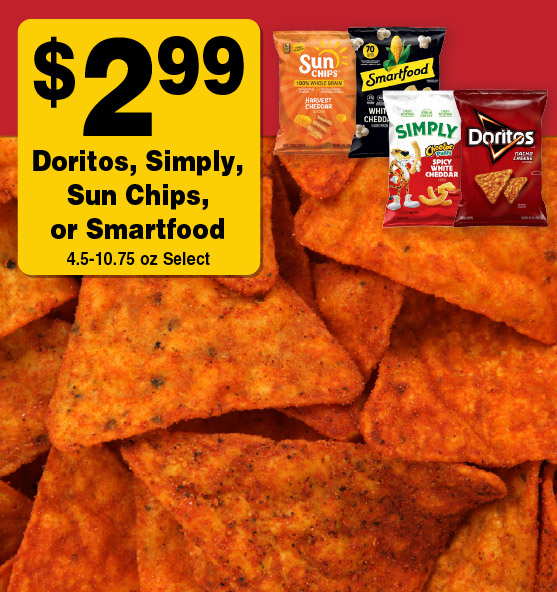 Doritos, Simply, Sun Chips, or Smartfood Popcorn 4.5-10.75 oz Select.